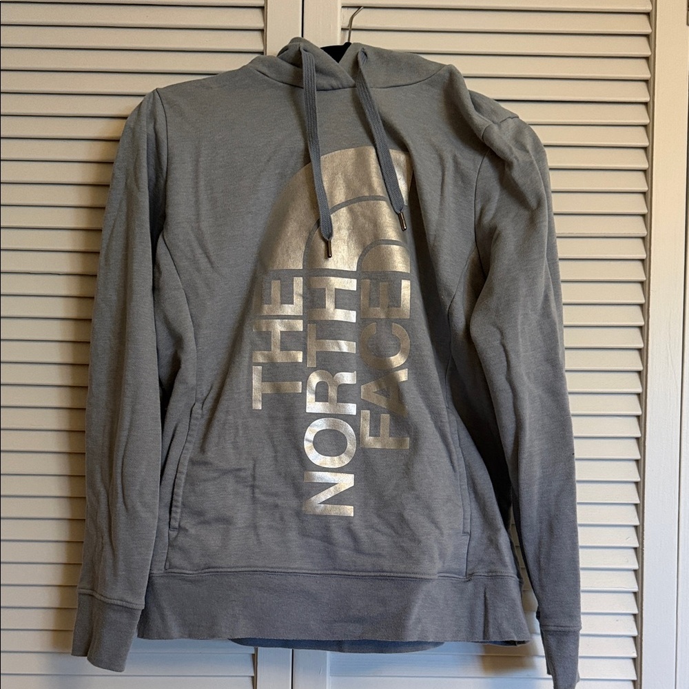 The North Face Bluish Gray Hoodie with Metallic Logo